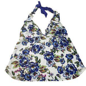 A.n.a Womens Floral Halter Top Swimsuit Large Blue White Romeo Floral Print